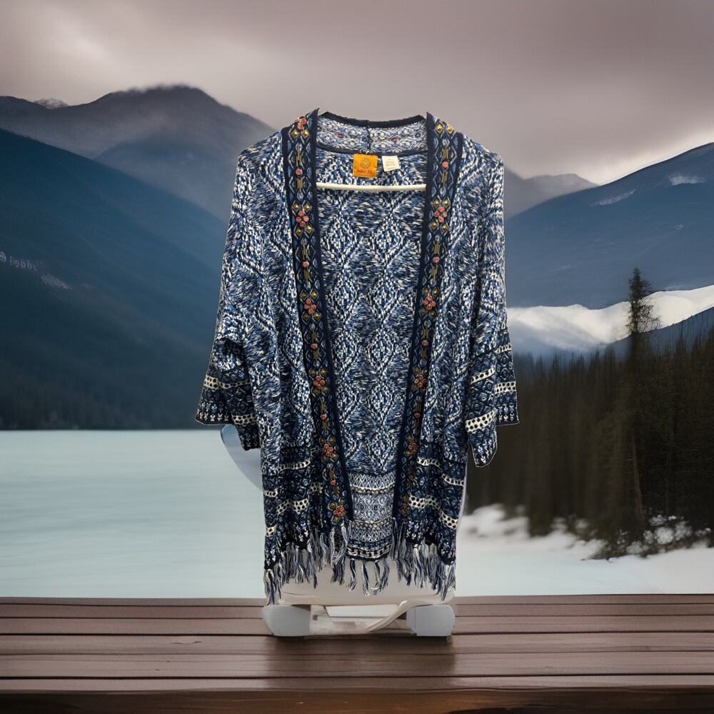 Cardigan Blue White Embellished Fringe Open Front Boho Beads XS Roomy Aztec